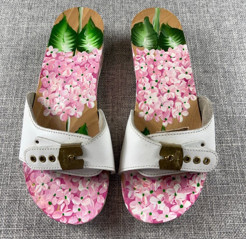 Vintage Style Hand Painted Floral Wooden Clogs White Leather Hydrangea Sandals